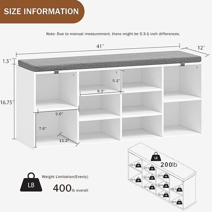 Shoe Storage Bench, Shoe Bench with Removable Cushion