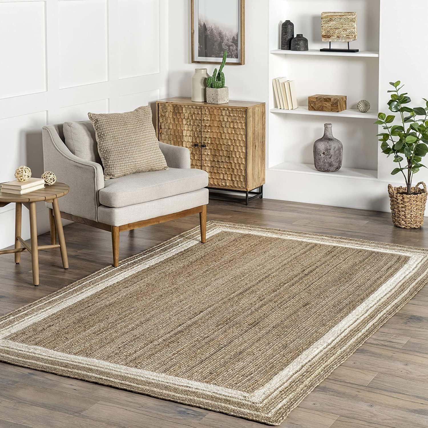 Hand Braided Handmade Braided Jute Area Rugs Kitchen Hallway Dining Decor Rug (Jute White Border, 8&#39;6&quot; x 11&#39;6&quot;)