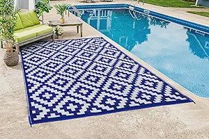 FH Home Outdoor Camping Rug - Waterproof, Fade Resistant, Reversible - Premium Recycled Plastic - Geometric - Large Patio, Deck, Sunroom, RV - Aztec - Blue &amp; White - 9 x 12 ft Foldable