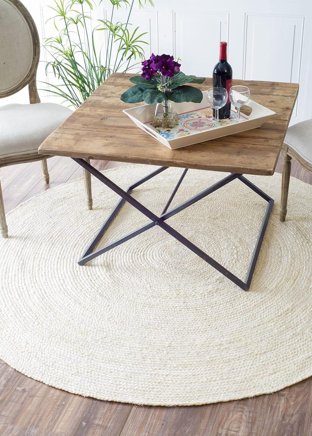 Handmade Hand Woven Braided Jute Natural Fibers Reversible Rug - Eco Friendly Rugs for Bedroom Kitchen Living Room Farmhouse (Off White, 8&#39; Round)