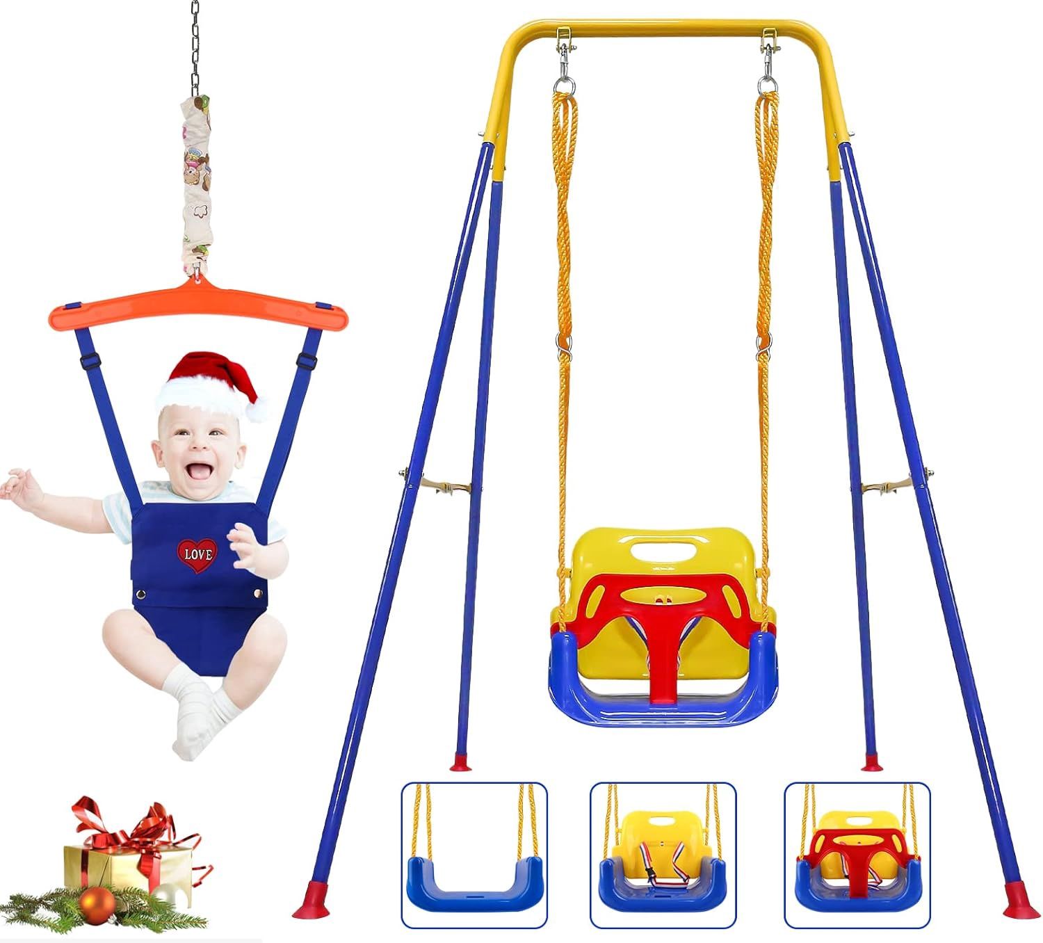 3-in-1 Toddler Swing Set and Baby Jumper, Baby Swing with Bouncers for Indoor Outdoor Play, Sturdy Safety Seat and Foldable Metal Swing Stand