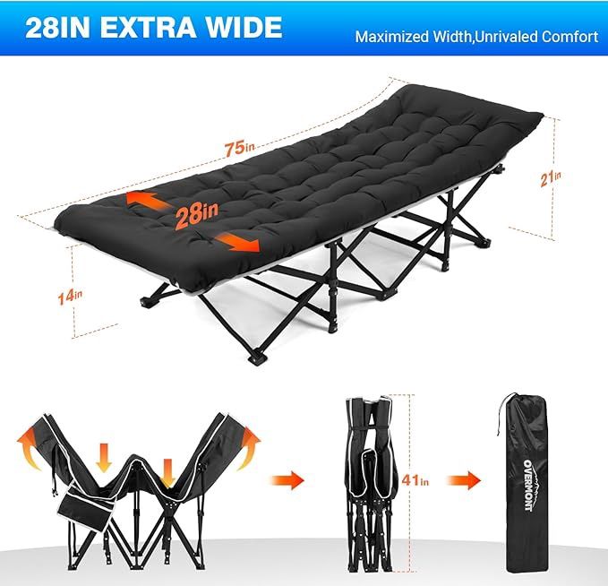 Folding Camp Bed with Mattress – 190 x 71 x 36 cm – Supports 250 kg