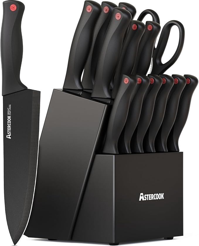Astercook 15 Piece Knife Set with Sharpener Block - German Stainless
