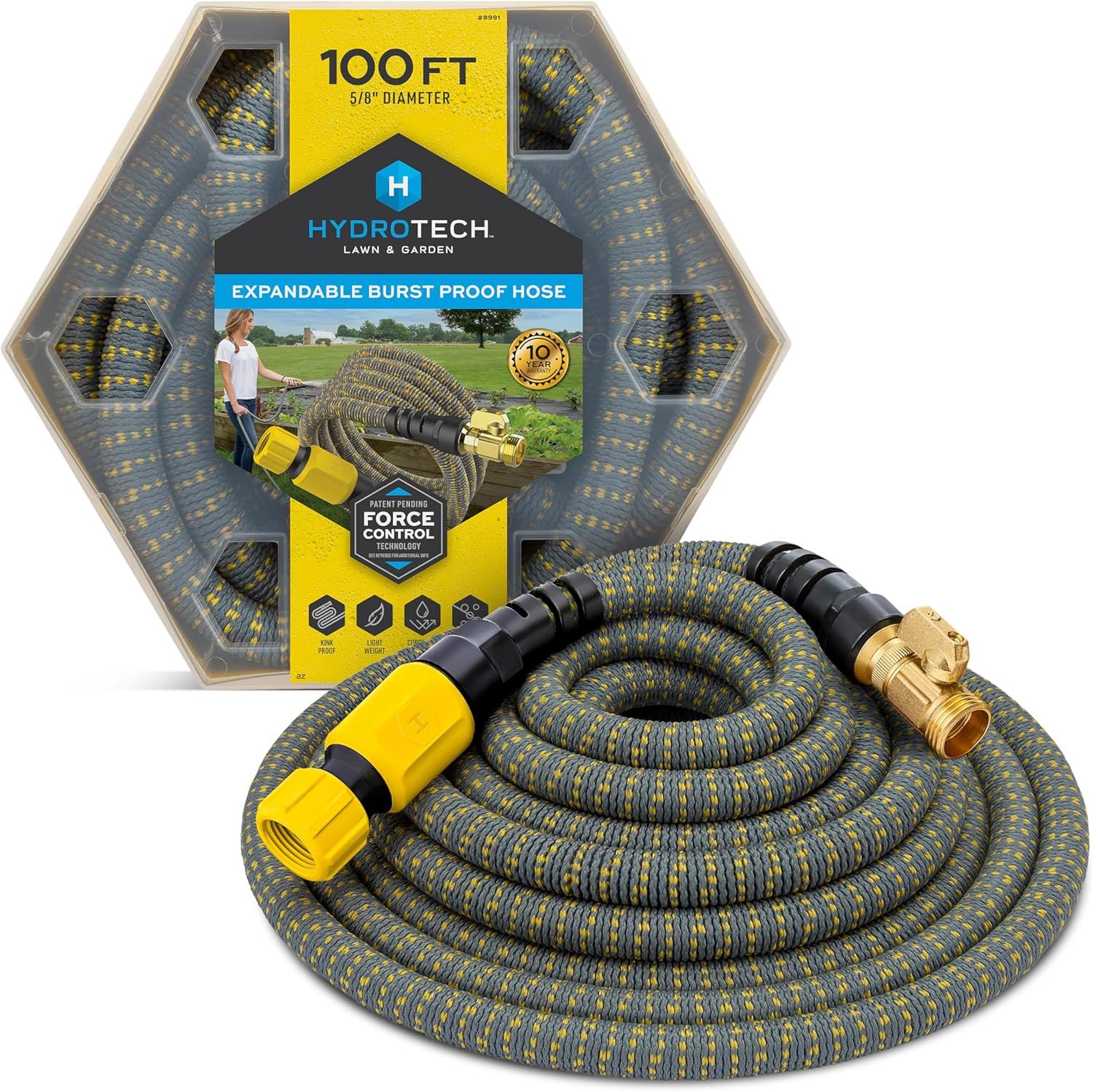 HydroTech 100 ft Expandable Garden Hose with Patented Force Control Technology - 5/8&quot; No-Kink Flexibility, Lightweight Hose for Lawn, Garden, Car Washing, Deck and Patio Cleaning