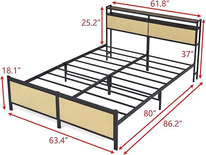 Queen Size Bed Frame with USB Charging Port, Metal Bed Frame