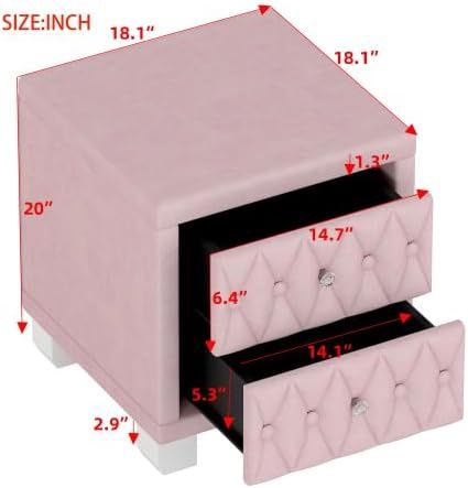 Velvet Nightstand with 2 Drawers, Pink, Crystal Handles, Button-Tufted Design, 18.1 x 18.1 x 20 inches