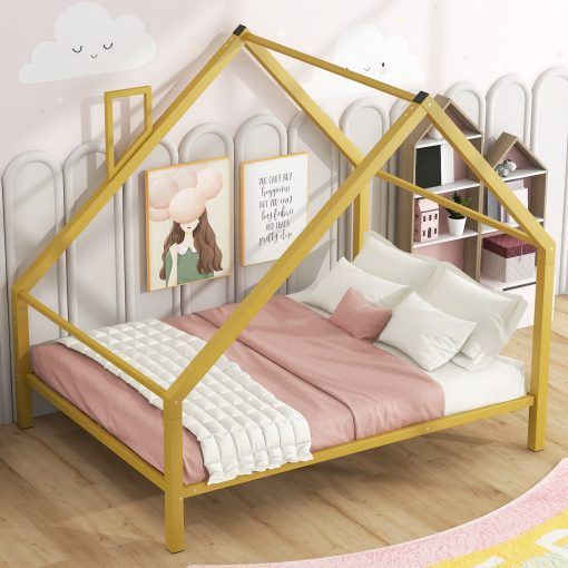 Full Size Metal House Platform Bed with Roof and Chimney