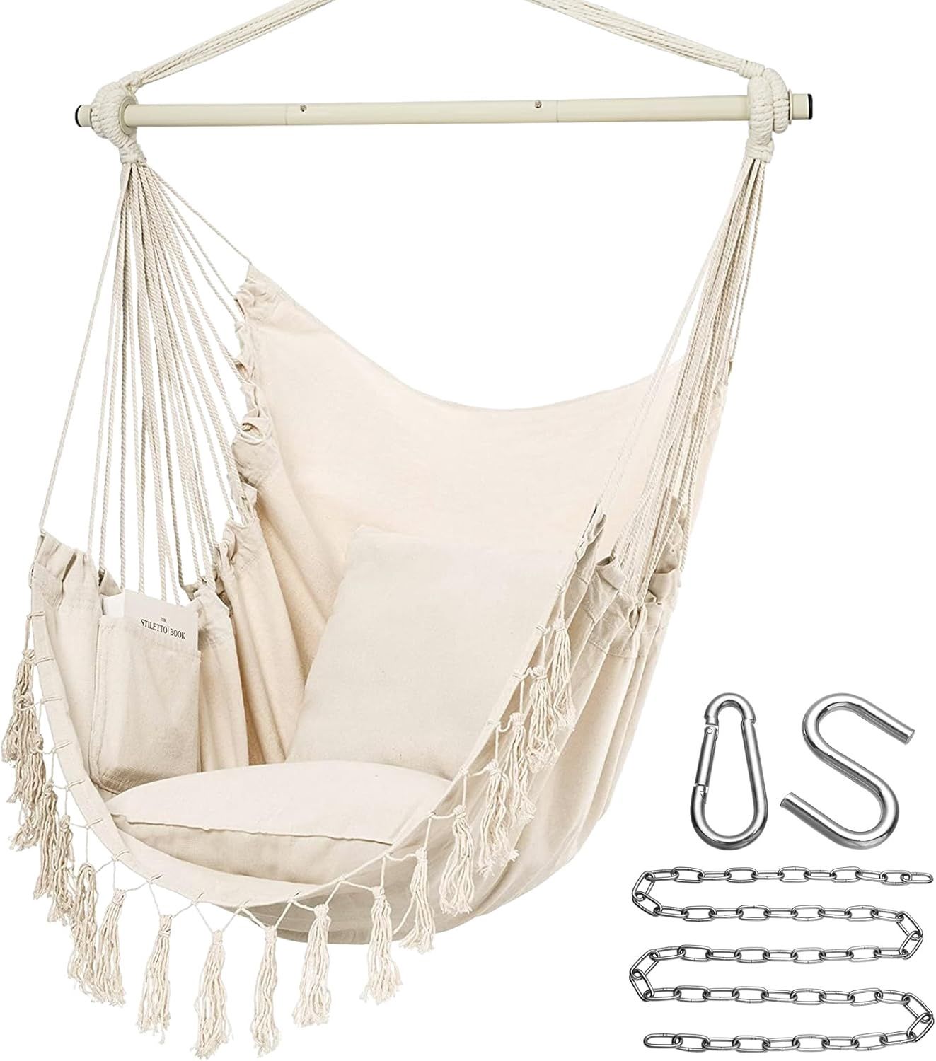 Hammock Chair Hanging Rope Swing, Max 500 Lbs, 2 Cushions Included, Large Macrame Hanging Chair with Pocket for Superior Comfort, with Hardware Kit (Beige)