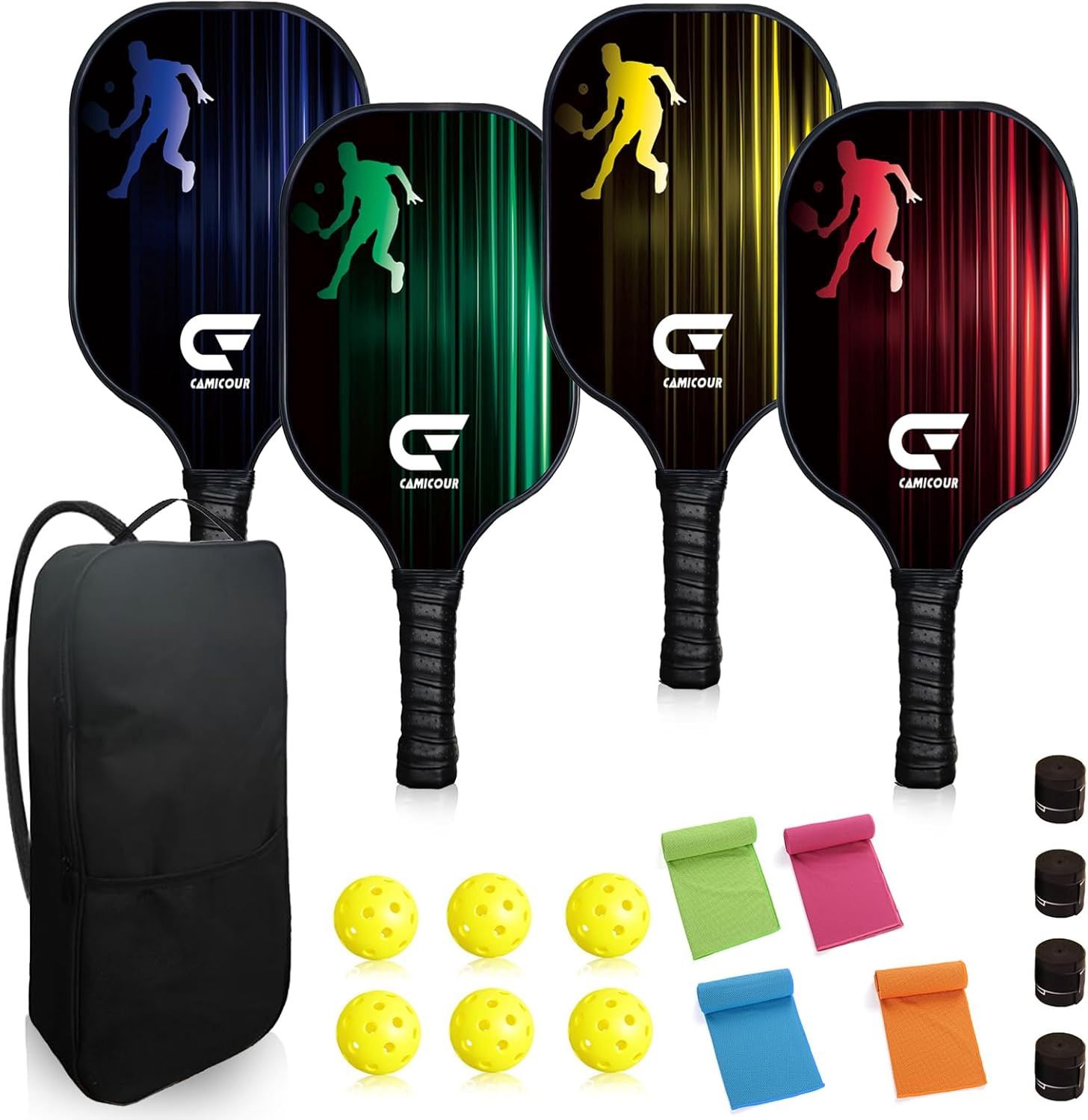 Pickleball Paddle Set of 4, 4 Pickleball Rackets &amp; 6 Pickleball Balls &amp; 4 Cooling Towels &amp; Carry Bag