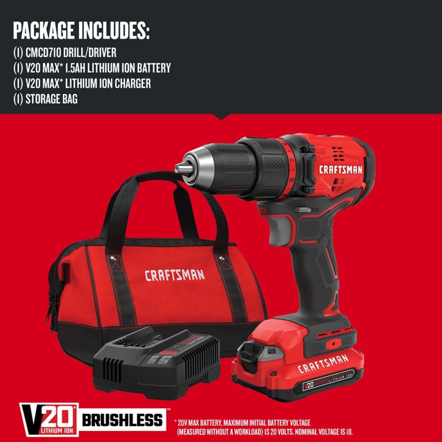 CRAFTSMAN V20 Cordless Drill/Driver Kit, 1/2 inch, Battery and Charger Included includes CRAFTSMAN V20 WEEDWACKER Cordless String Trimmer with QUICKWIND, 13 inch,