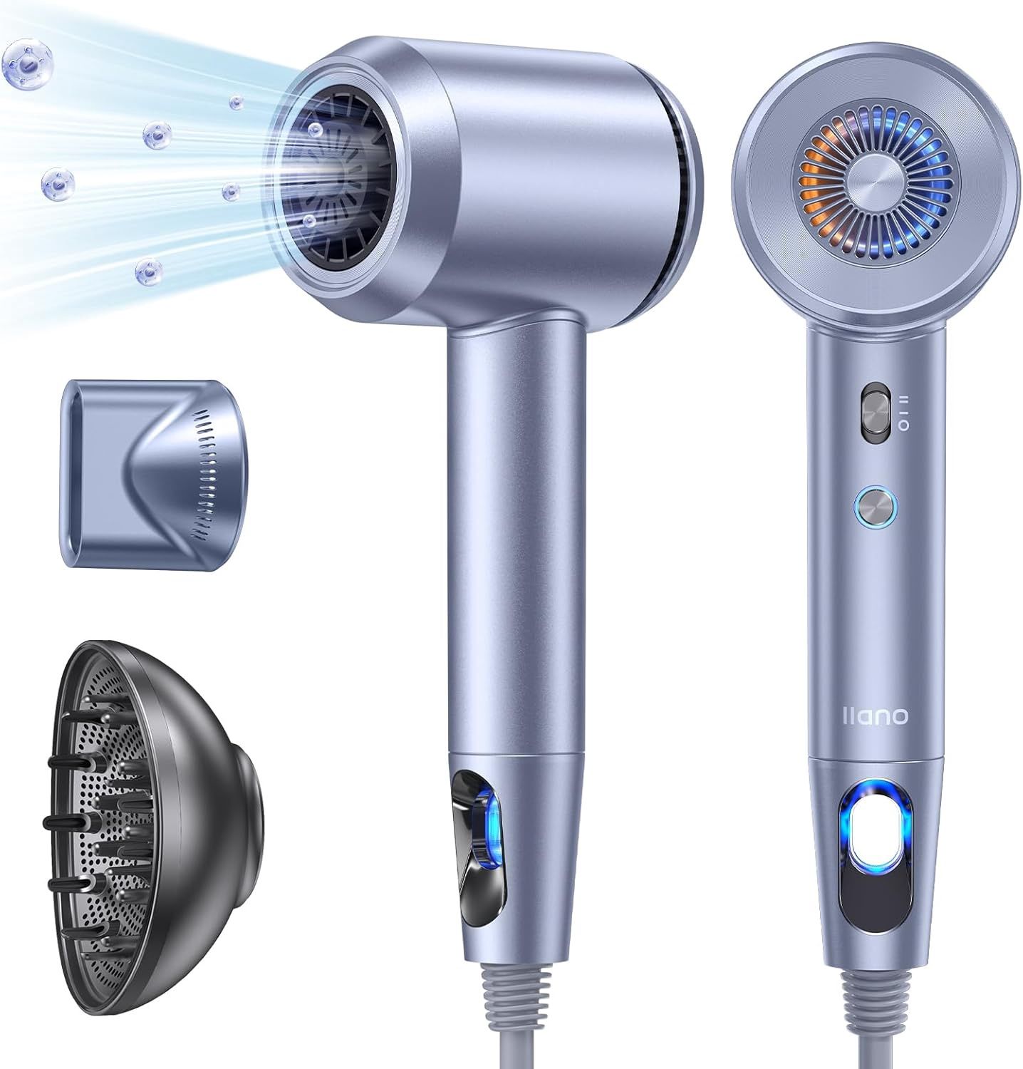 llano Hair Dryer with Diffuser - 19m/s High Speed Ionic Professional Fast Drying Blow Dryer, 1500W, 5Temps / 2Speeds, Low Noise Thermo-Control