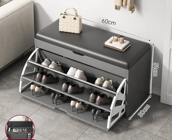 3-Tier Black Shoe Storage Cabinet with Doors grey