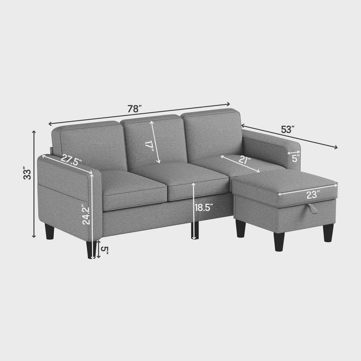 3 Seater Sectional Sofa with Storage Ottoman