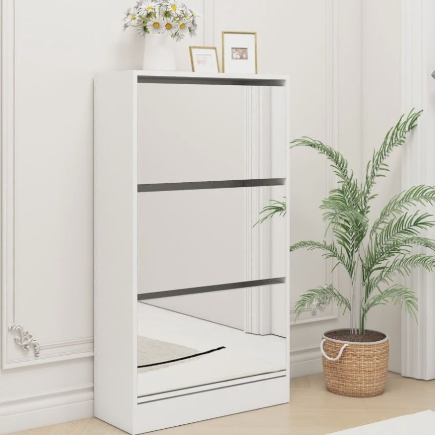 Narrow Shoe Storage Cabinet with Mirror, Wood Slim Shoe Rack 3 Tier