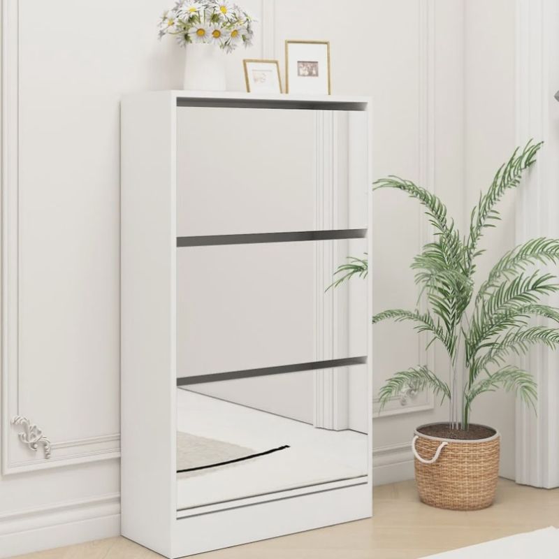 Narrow Shoe Storage Cabinet with Mirror, Wood Slim Shoe Rack 3 Tier