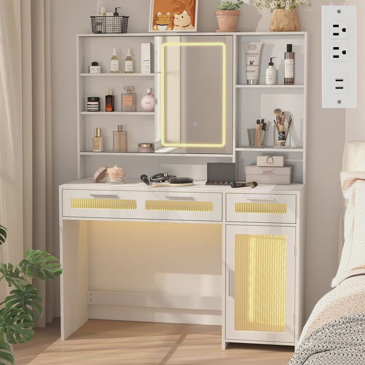 Hadulcet White Vanity with Mirror and Lights with Power Outlet
