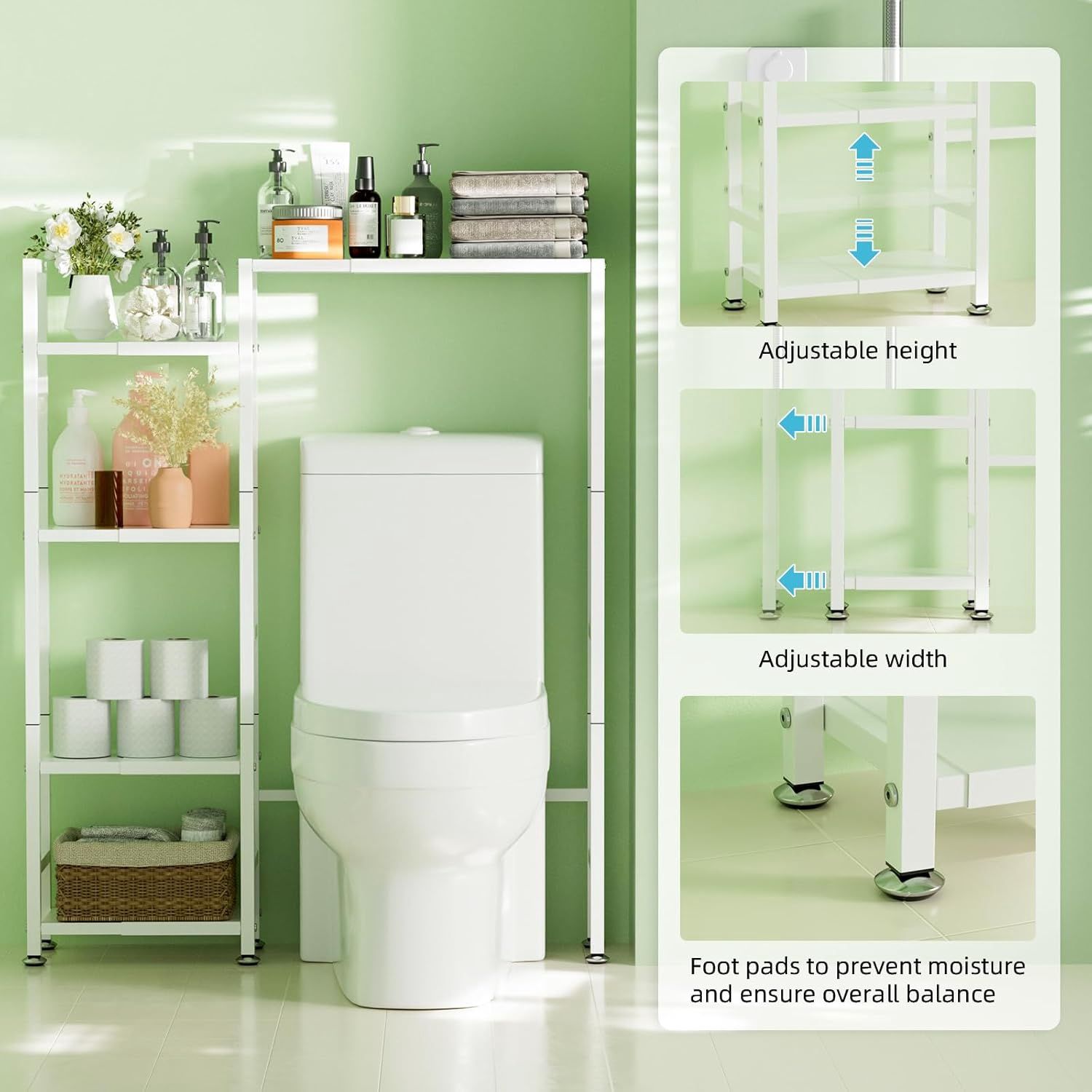 ASFSKY Over Toilet Bathroom Organizer with 5-Tier Open Shelves Expandable Width Adjusted to Fit Different Bathroom Spaces for Maximizing Vertical Storage Over The Toilet Shelf Metal