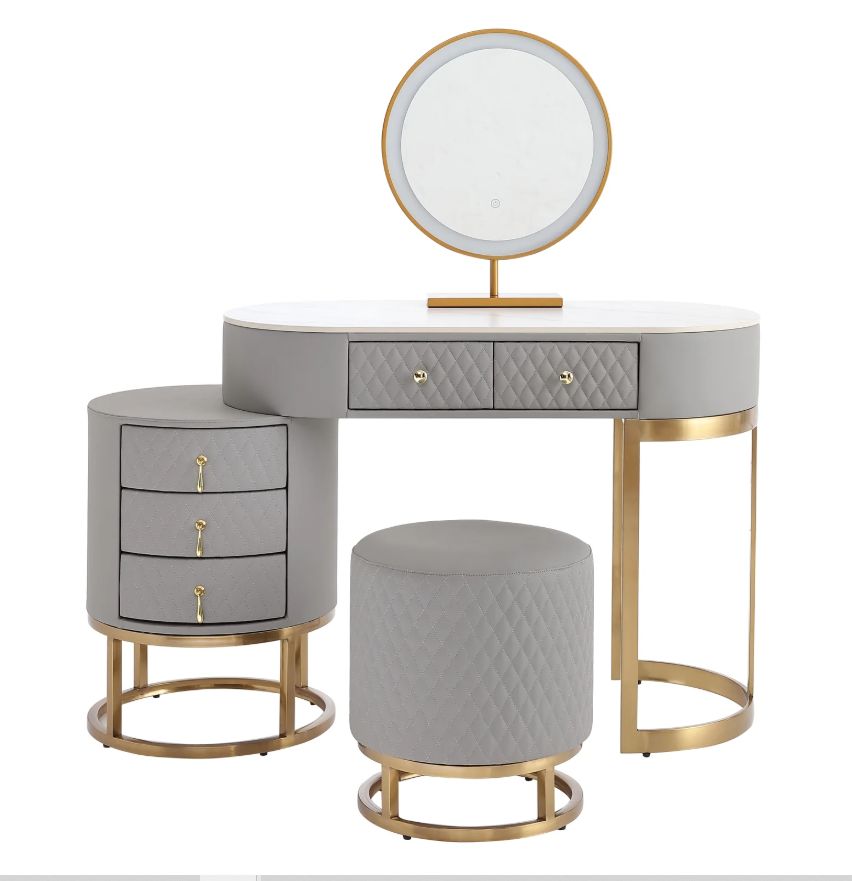 FUKAYI Luxury Makeup Vanity Desk Set with Lighted Mirror &amp; Drawers