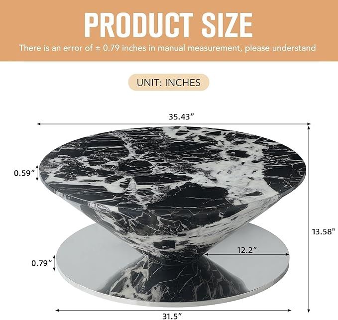 35.43” Black Round Coffee Table Faux Marble Exterior with Silver Mirro