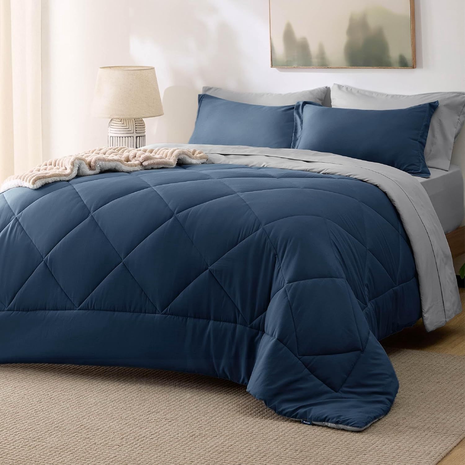 Bedsure Queen Comforter Set - 7 Pieces Reversible Navy Bedding, Queen Size Bed Set for All Seasons, Bed in a Bag with Down Alternative Comforter, Sheets, Pillowcases &amp; Shams