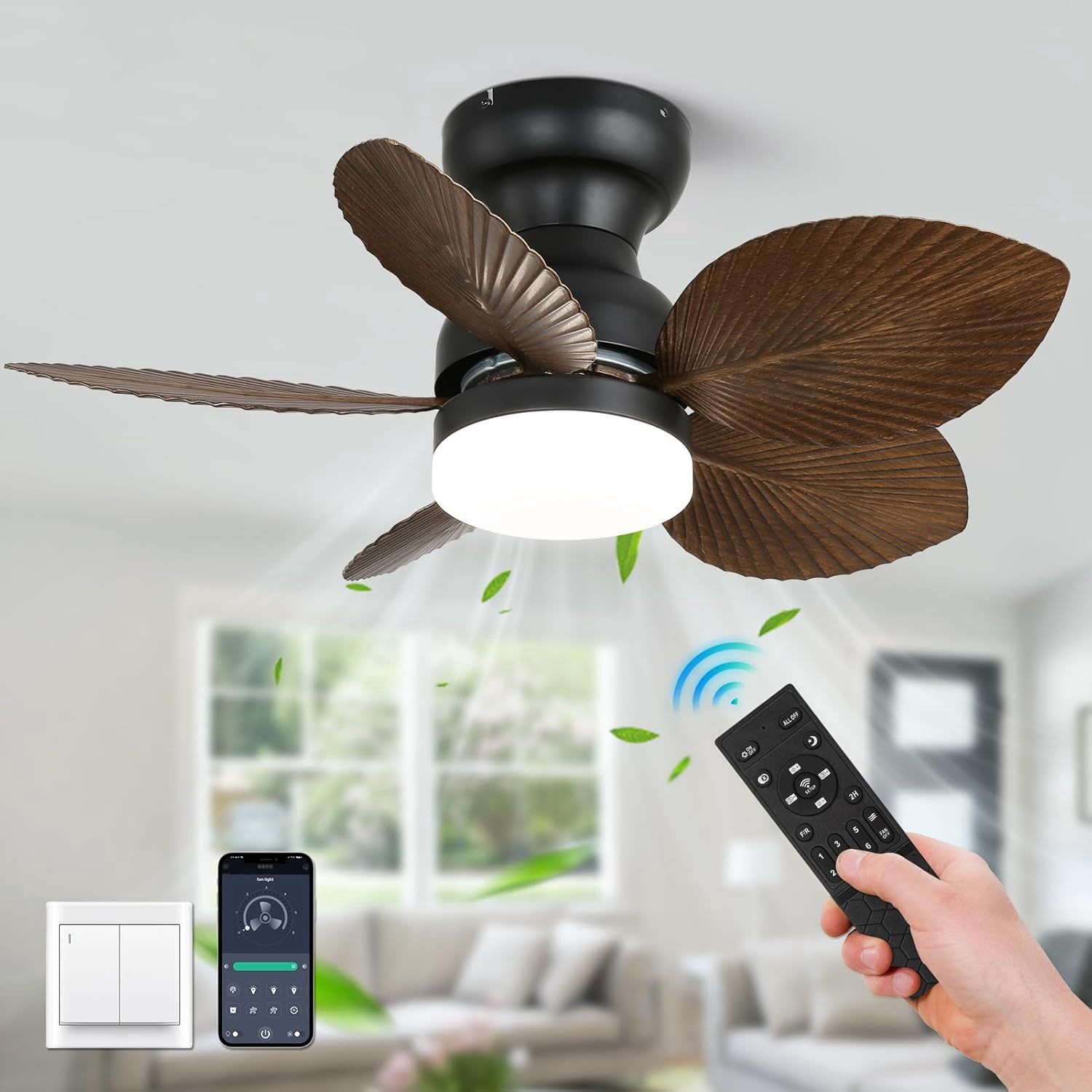 30 Inch Palm Leaf Ceiling Fans with Lights and Remote,DC Reversible Motor,6 Speeds,Dimmable，5 Leaf Blades,Small Tropical Gazebo Flush Mount Ceiling Fan for Bedroom,Kitchen