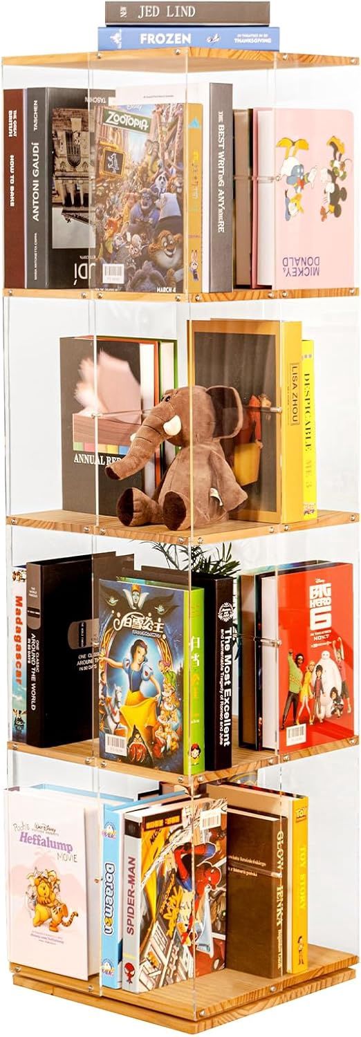 Rotating Bookshelf, 360 Degree Revolving Bookcase, 4-Tier Spinning Bookshelf, Clear Acrylic &amp; Solid Wood Rotating Bookcase for Kid’s Playroom, Bedroom and Living Room, Square