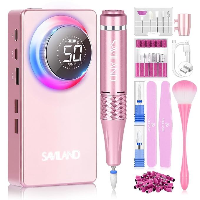 SAVILAND 50000RPM Electric Nail Drill Professional: Rechargeable Portable Efile Nail Drill Kit Strong-Power Nail File Electric 2 Ceramic Bit 11 Drill Bits For Nail Tech Fast Remove Acrylic Nail Salon