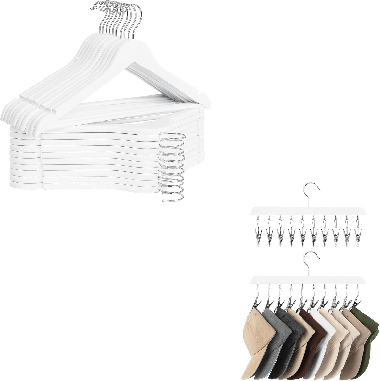 StorageWorks White Wooden Hangers 30 Pack with Set of 2 Cap Organizers