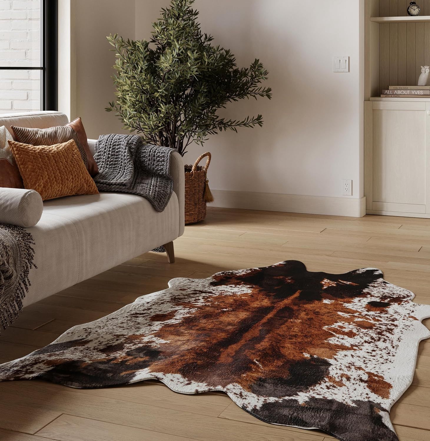 NativeSkins Faux Cowhide Rug – Original Brown (Medium) | 4.3ft x 5.7ft | Cow Print | Western Bedroom Decor | Hand-Cut, Faux Suede No-Slip Backing | Western Rug | Animal Print | Cow Hide