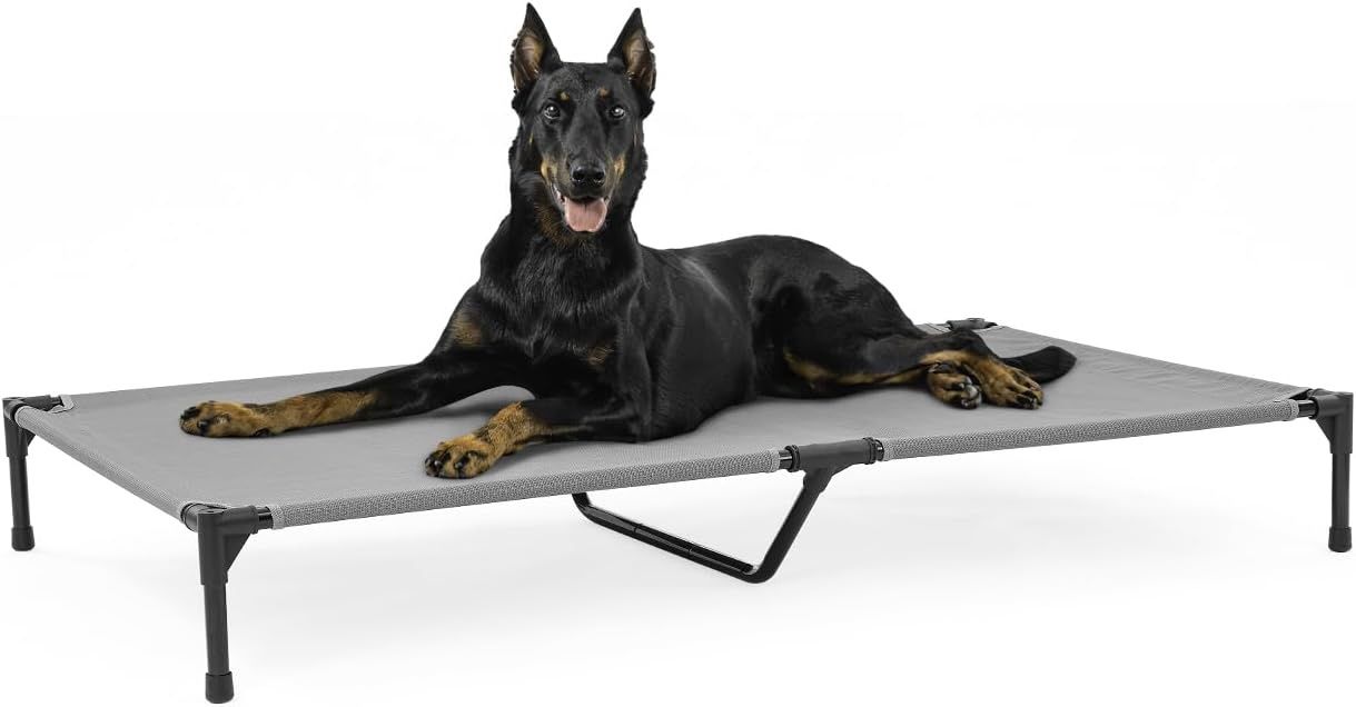 OhGeni Elevated Raised Dog Bed, Durable Non Slip Cooling Cot Bed for Large Dogs, Double Breathable Chew-Proof Mesh, Easily Portable Indoor Outdoor Washable Dog Hammock, Metal Frame, Gray, 59 inches