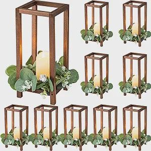 Geelin 10 Pcs Wooden Candle Lantern Wedding Lantern Centerpiece for Table Fireplace Candle Holder Decorative Farmhouse Wedding for Baby Shower(13 in,Brown)