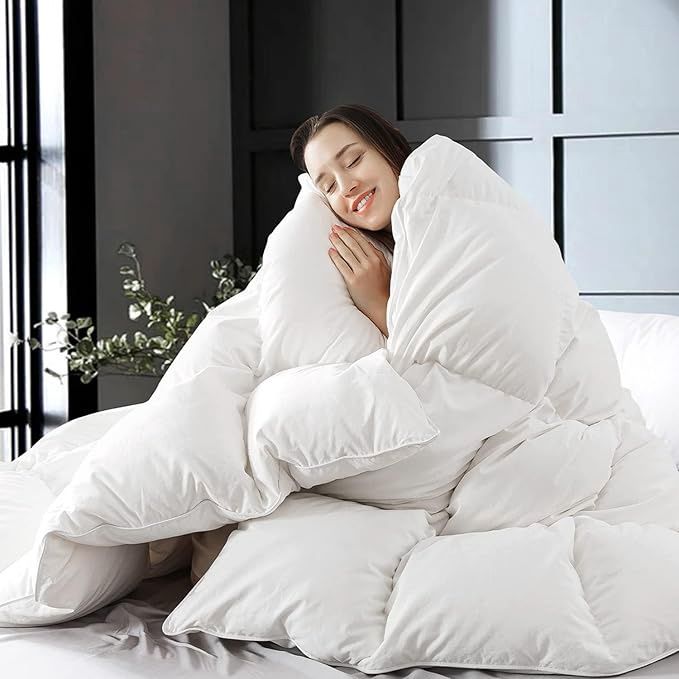 Feather Down Fiber Comforter,Filled with Feather and Down Fiber, All Season White Luxury Bed Comforter,Ultra Soft 100% Cotton Duvet Insert,King Size 106&quot;x90&quot;