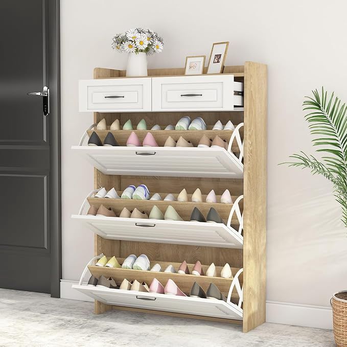 White +Oak Color Shoe Cabinet with 3 Doors 2 Drawers, Large