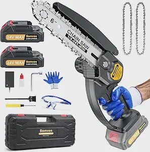 Cordless Mini Chainsaw, 6-INCH Electric Power Chainsaw, Battery Powered 2Pcs 24V 2000MAH Rechargeable Battery with Splash Guard for Wood Cutting Tree Trimming Gardening Camping