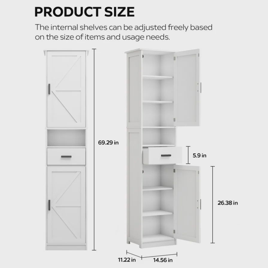 69&quot; H Tall Bathroom Storage Cabinet with 2 Barn Doors and 1 Drawer