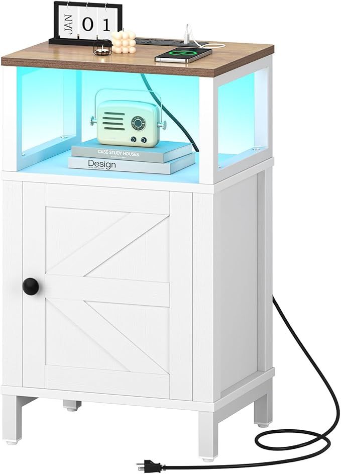 Yoobure Farmhouse Nightstand with Charging Station, Wood Night Stand End with USB Ports, LED Bed Side Table with Storage Cabinet, Bedside Table for Bedroom, Living Room White
