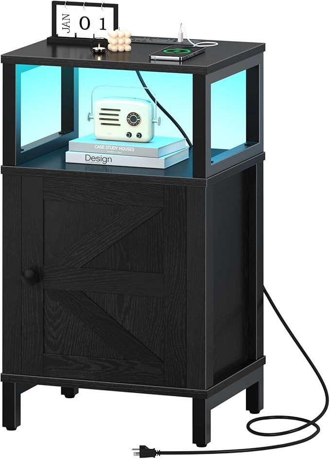 Yoobure Farmhouse Nightstand with Charging Station, Wood Night Stand End with USB Ports, LED Bed Side Table with Storage Cabinet, Bedside Table for Bedroom, Living Room Black