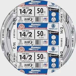 Southwire 28827422 50&#39; 14/2 with Ground Romex Brand SIMpull Residential Indoor Electrical Copper Wire Type NM-B, White