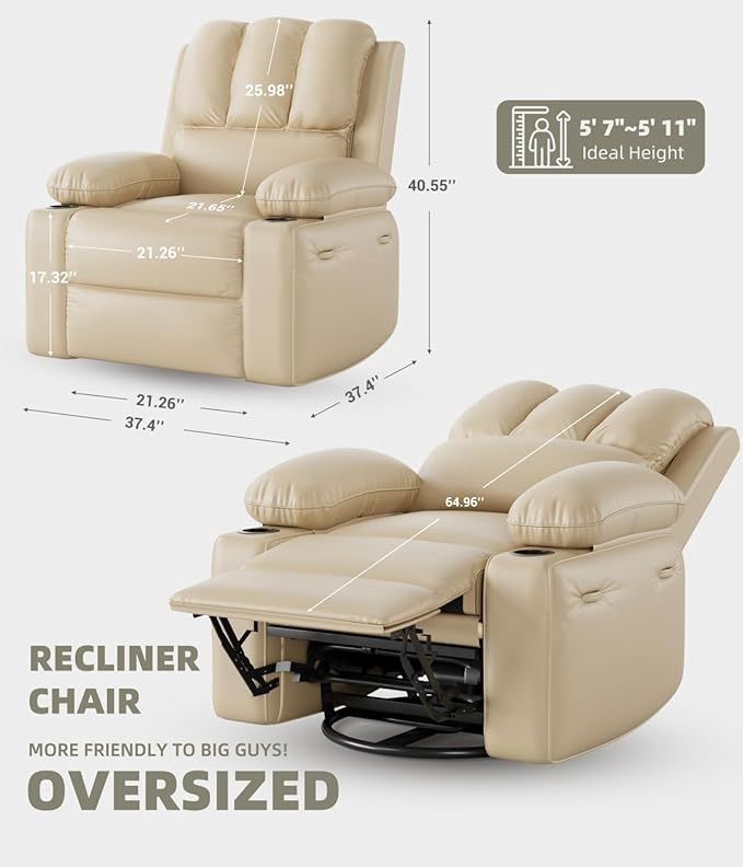Oversized Power Recliner Chairs with Massage and Heat - 360° Swivel