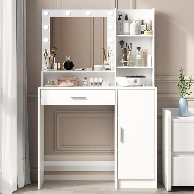 Vanity Desk with Mirror and Light, Large Drawer and Three Level Storage