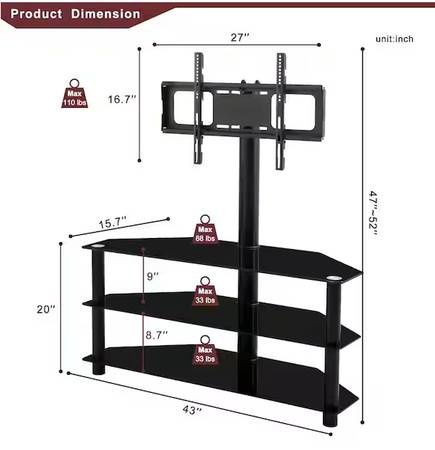 43.3 in. Black Metal TV Stand with 3-Tier Tempered glass Fits TV&#39;s  32-65 in