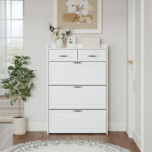 White color shoe cabinet with 3 doors 2 drawers, space for storage