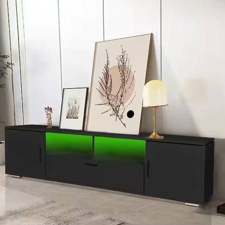 63 in. Black TV Stand Fits TV&#39;s up to 75 in. with LED Lights Entertain