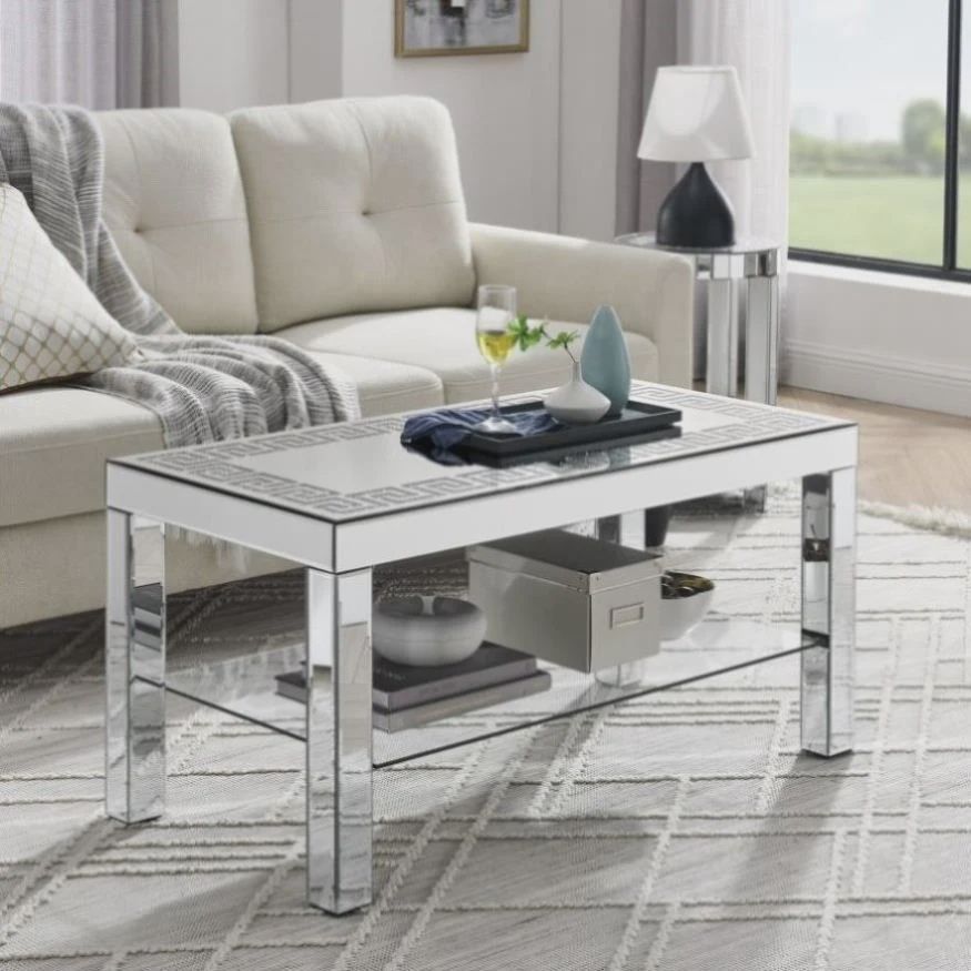 ZNTS W 40 &quot;X D 20&quot; X H 20 &quot;Curved border carved mirror coffee table