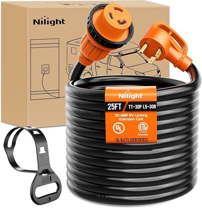 Nilight 30 Amp 25FT RV Locking Extension Cord 125V Heavy Duty 10 Gauge Pure Copper STW Wire ETL Listed 3 Prong TT-30P L5-30R 30F/30M Weatherproof Suit for Camper Trailer