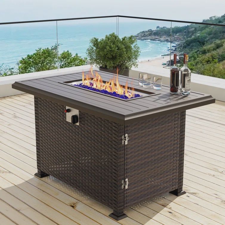 Outdoor Fire Pit Table With Aluminum Top And Rattan Base - Includes Black Rain Cover