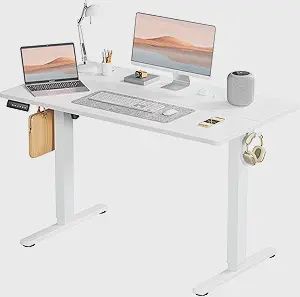 Electric Adjustable Height Standing Desk - 54 x 24 inch Sit to Stand Up Desk with Splice Board, Rising Home Office Computer Table with 2 Hook and Wire Hole for Work