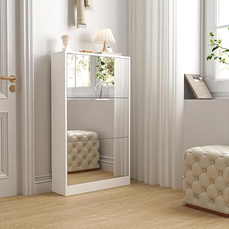 Modern Shoe Cabinet with Small Mirror Edge Gap, Mirror Shoe Rack Organizer with 3 Flip Drawers, Shoe Storage Cabinet for Entryway, Living Room, Dressing Room