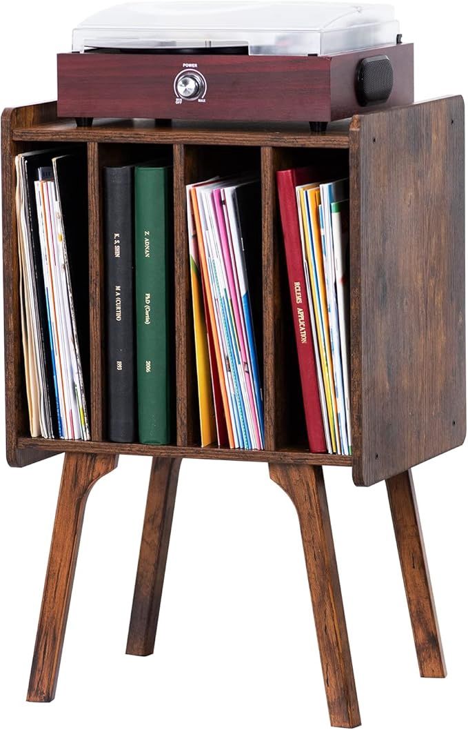LELELINKY Record Player Stand,Vinyl Record Storage Table with 4 Cabinet Up to 100 Albums,Mid-Century Turntable Stand with Wood Legs,Brown Vinyl Holder Display Shelf for Bedroom Living Room