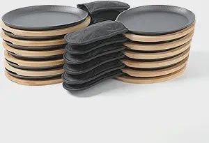 HAWOK Cast Iron Fajita Plate Sizzler Pan Set with Bamboo Tray and Handle Holder, Set of 12, Pre-seasoned Cast Iron Skillet with Bamboo Base and Handle Cover